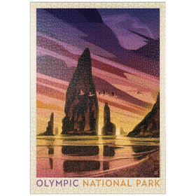 Darstellung des Puzzle Motivs Olympic National Park: Pelikan-Sonnenuntergang, Vintage Poster - Puzzleteile: 1000