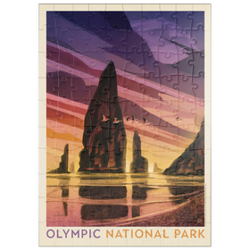 Darstellung des Puzzle Motivs Olympic National Park: Pelikan-Sonnenuntergang, Vintage Poster - Puzzleteile: 100