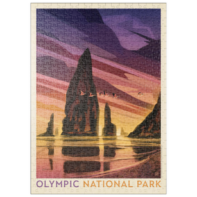 Darstellung des Puzzle Motivs Olympic National Park: Pelikan-Sonnenuntergang, Vintage Poster - Puzzleteile: 500