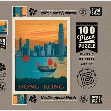 China: Hong Kong, Victoria Harbor, Vintage Poster 100 Puzzle Schachtel 3D Modell