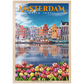 Darstellung des Puzzle-Motivs Amsterdam, Niederlande - Stadt der Grachten, Vintage Travel Poster – Puzzleteile: 1000