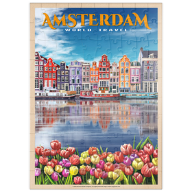 Darstellung des Puzzle Motivs Amsterdam, Niederlande - Stadt der Grachten, Vintage Travel Poster - Puzzleteile: 100