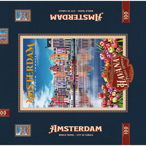 Amsterdam, Netherlands - City of Canals, Vintage Travel Poster 100 Puzzle Schachtel 3D Modell