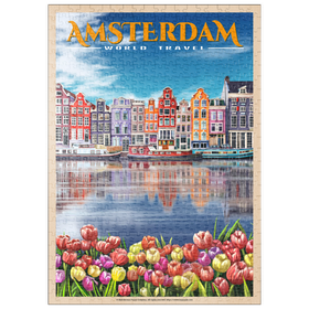Darstellung des Puzzle Motivs Amsterdam, Niederlande - Stadt der Grachten, Vintage Travel Poster - Puzzleteile: 500