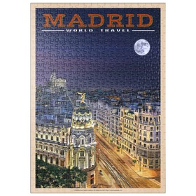 Darstellung des Puzzle Motivs Madrid, Spanien - Gran Vía bei Nacht, Vintage Travel Poster - Puzzleteile: 500