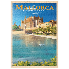 Darstellung des Puzzle Motivs Palma de Mallorca, Spanien - Die bezaubernde Kathedrale Santa Maria am Meer, Vintage Travel Poster - Puzzleteile: 500