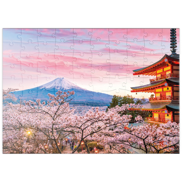 puzzleplate Kirschblüte an der Chureito Pagode mit Blick auf den Mount Fuji - Japan 100 Puzzle