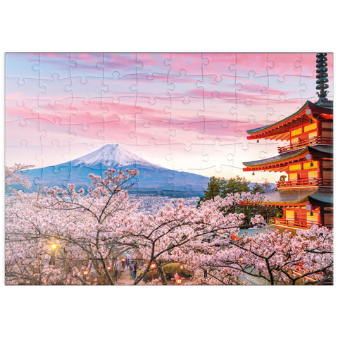 puzzleplate Kirschblüte an der Chureito Pagode mit Blick auf den Mount Fuji - Japan 100 Puzzle