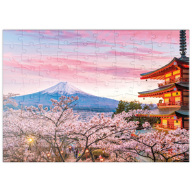 Darstellung des Puzzle Motivs Kirschblüte an der Chureito Pagode mit Blick auf den Mount Fuji - Japan - Puzzleteile: 100