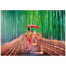 Darstellung des Puzzle Motivs Frau im traditionellen Kimono im Bambuswald bei Kyoto, Japan - Puzzleteile: 1000