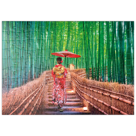 Darstellung des Puzzle Motivs Frau im traditionellen Kimono im Bambuswald bei Kyoto, Japan - Puzzleteile: 100