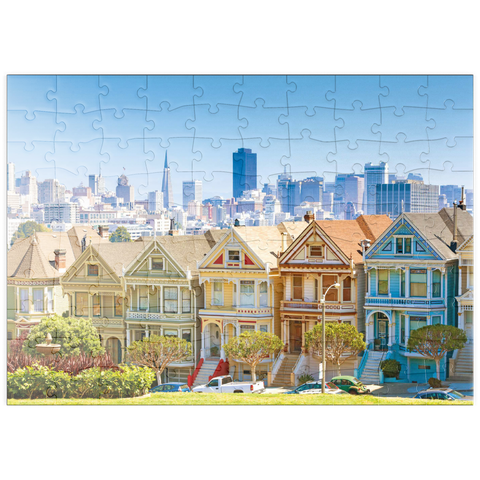 puzzleplate Skyline von San Francisco mit den "Painted Ladies" am Alamo Square im Vordergrund - Kalifornien, USA 100 Puzzle