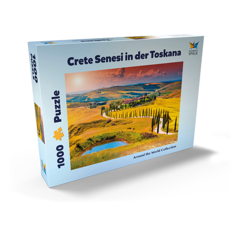 Sonnenuntergang in malerischer Toskana-Landschaft - Crete Senesi, Italien 1000 Puzzle Schachtel Ansicht2