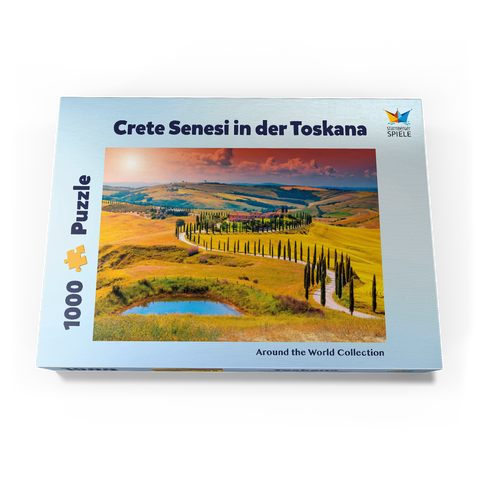 Sonnenuntergang in malerischer Toskana-Landschaft - Crete Senesi, Italien 1000 Puzzle Schachtel Ansicht3