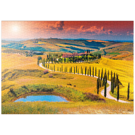 Darstellung des Puzzle Motivs Sonnenuntergang in malerischer Toskana-Landschaft - Crete Senesi, Italien - Puzzleteile: 1000