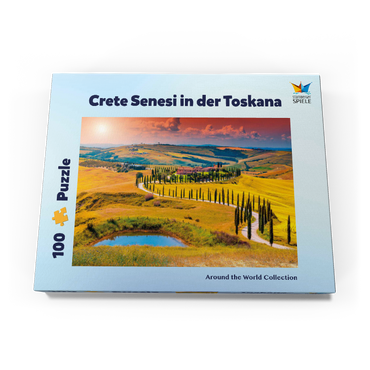 Sonnenuntergang in malerischer Toskana-Landschaft - Crete Senesi, Italien 100 Puzzle Schachtel Ansicht3