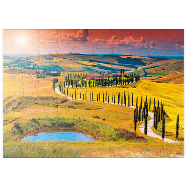 puzzleplate Sonnenuntergang in malerischer Toskana-Landschaft - Crete Senesi, Italien 100 Puzzle