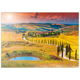 Darstellung des Puzzle Motivs Sonnenuntergang in malerischer Toskana-Landschaft - Crete Senesi, Italien - Puzzleteile: 100