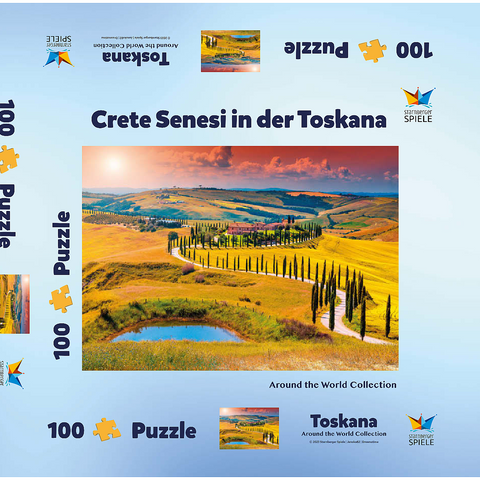 Sonnenuntergang in malerischer Toskana-Landschaft - Crete Senesi, Italien 100 Puzzle Schachtel 3D Modell