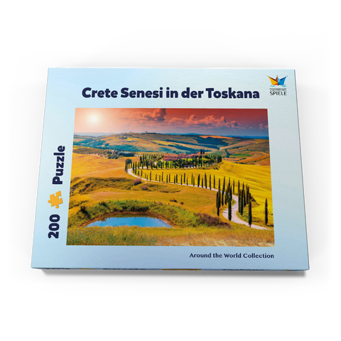 Sonnenuntergang in malerischer Toskana-Landschaft - Crete Senesi, Italien 200 Puzzle Schachtel Ansicht3