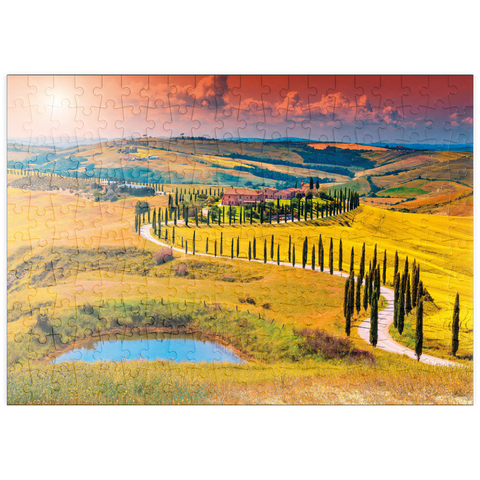 puzzleplate Sonnenuntergang in malerischer Toskana-Landschaft - Crete Senesi, Italien 200 Puzzle