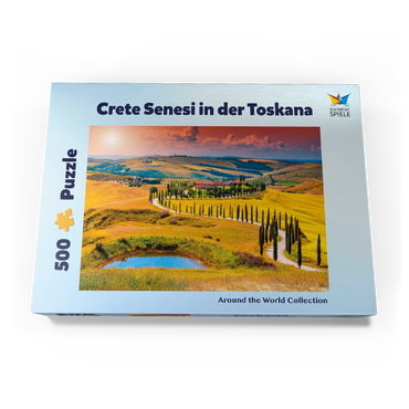Sonnenuntergang in malerischer Toskana-Landschaft - Crete Senesi, Italien 500 Puzzle Schachtel Ansicht3
