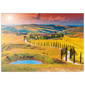 Darstellung des Puzzle Motivs Sonnenuntergang in malerischer Toskana-Landschaft - Crete Senesi, Italien - Puzzleteile: 500