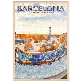 Darstellung des Puzzle-Motivs Barcelona, Spain -  Park Güell, Mosaic Mirage at Dusk, Vintage Travel Poster – Puzzleteile: 100