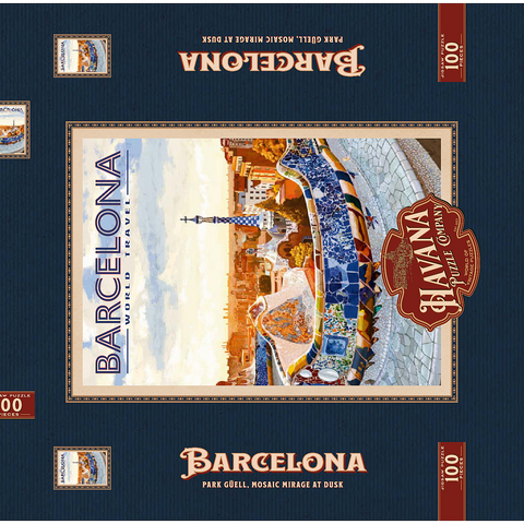 Barcelona, Spain -  Park Güell, Mosaic Mirage at Dusk, Vintage Travel Poster 100 Puzzle Schachtel 3D Modell