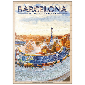 Darstellung des Puzzle-Motivs Barcelona, Spain -  Park Güell, Mosaic Mirage at Dusk, Vintage Travel Poster – Puzzleteile: 200