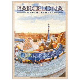 Darstellung des Puzzle-Motivs Barcelona, Spain -  Park Güell, Mosaic Mirage at Dusk, Vintage Travel Poster – Puzzleteile: 500