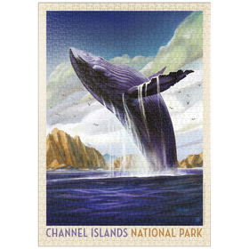 Darstellung des Puzzle Motivs Channel Islands National Park: Breaching Whale, Vintage Poster - Puzzleteile: 1000