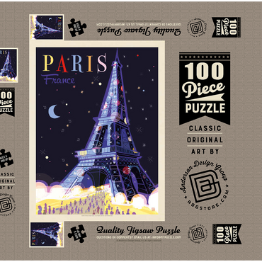 France: Paris, Eiffel Tower At Night (Mod Design), Vintage Poster 100 Puzzle Schachtel 3D Modell