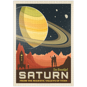 Darstellung des Puzzle Motivs Saturn: Aus den Tälern des Titan, Vintage Poster - Puzzleteile: 1000