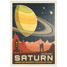 Darstellung des Puzzle Motivs Saturn: Aus den Tälern des Titan, Vintage Poster - Puzzleteile: 100