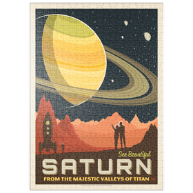 Darstellung des Puzzle Motivs Saturn: Aus den Tälern des Titan, Vintage Poster - Puzzleteile: 500