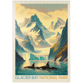 Darstellung des Puzzle Motivs Glacier Bay National Park: Gliding Orcas, Vintage Poster - Puzzleteile: 1000