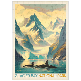 Darstellung des Puzzle Motivs Glacier Bay National Park: Gliding Orcas, Vintage Poster - Puzzleteile: 100
