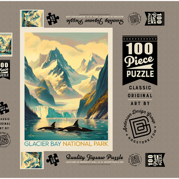 Glacier Bay National Park: Gliding Orcas, Vintage Poster 100 Puzzle Schachtel 3D Modell