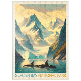 Darstellung des Puzzle Motivs Glacier Bay National Park: Gliding Orcas, Vintage Poster - Puzzleteile: 200