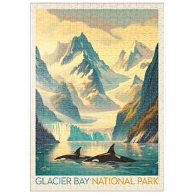 Darstellung des Puzzle Motivs Glacier Bay National Park: Gliding Orcas, Vintage Poster - Puzzleteile: 500