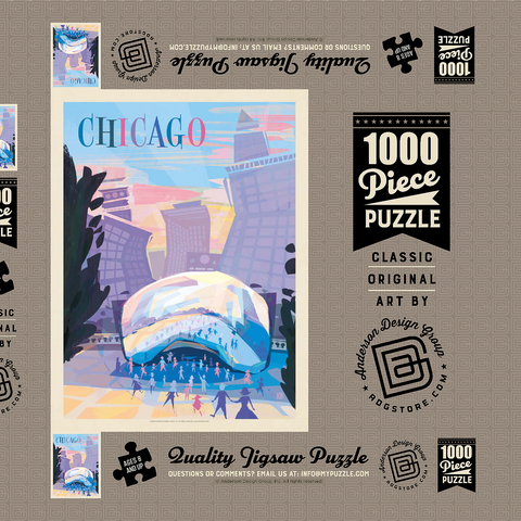 Chicago, IL: Millennium Park (Mod Design), Vintage Poster 1000 Puzzle Schachtel 3D Modell