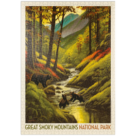 Darstellung des Puzzle Motivs Great Smoky Mountains National Park: Splashing Cubs, Vintage Poster - Puzzleteile: 1000