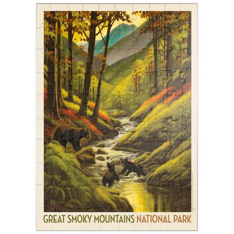 puzzleplate Great Smoky Mountains National Park: Splashing Cubs, Vintage Poster 100 Puzzle
