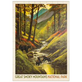 Darstellung des Puzzle Motivs Great Smoky Mountains National Park: Splashing Cubs, Vintage Poster - Puzzleteile: 100