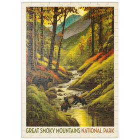 Darstellung des Puzzle Motivs Great Smoky Mountains National Park: Splashing Cubs, Vintage Poster - Puzzleteile: 200