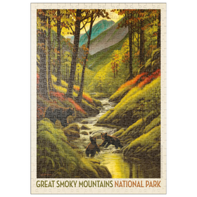Darstellung des Puzzle Motivs Great Smoky Mountains National Park: Splashing Cubs, Vintage Poster - Puzzleteile: 500