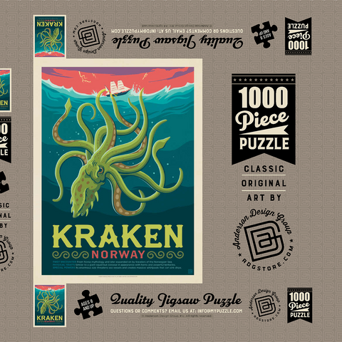 Mythical Creatures: Kraken (Norway), Vintage Poster 1000 Puzzle Schachtel 3D Modell