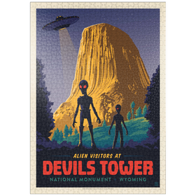 Darstellung des Puzzle Motivs Devils Tower, WY: Alien Visitation, Vintage Poster - Puzzleteile: 1000