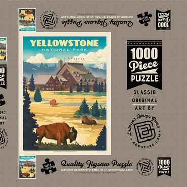 Yellowstone National Park: Old Faithful Inn Bisons, Vintage Poster 1000 Puzzle Schachtel 3D Modell